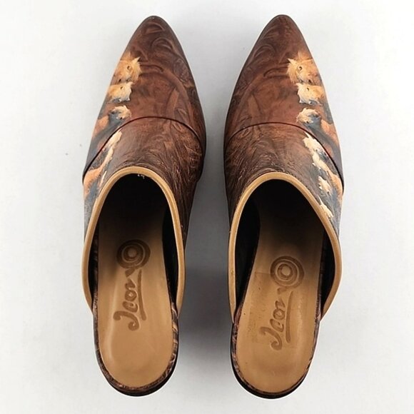 Icon Women's Leather Tan Wearable Art Western Horses Heeled Mules Shoes Size 7 - Picture 6 of 16